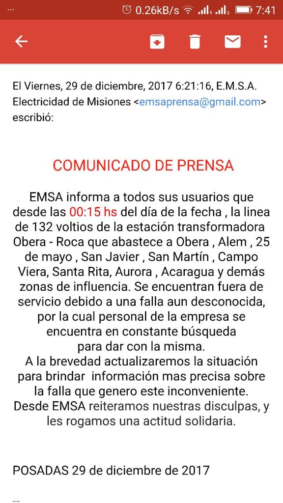 Oberá sin energía eléctrica desde la medianoche